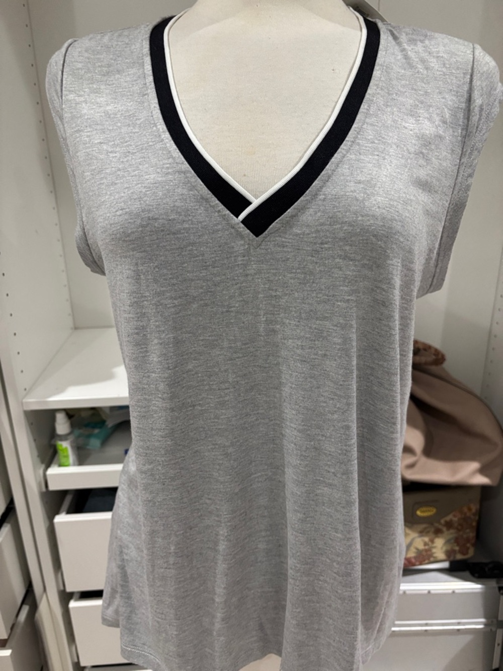 V-Neck Grey Tank Top with Black Contrast Trim